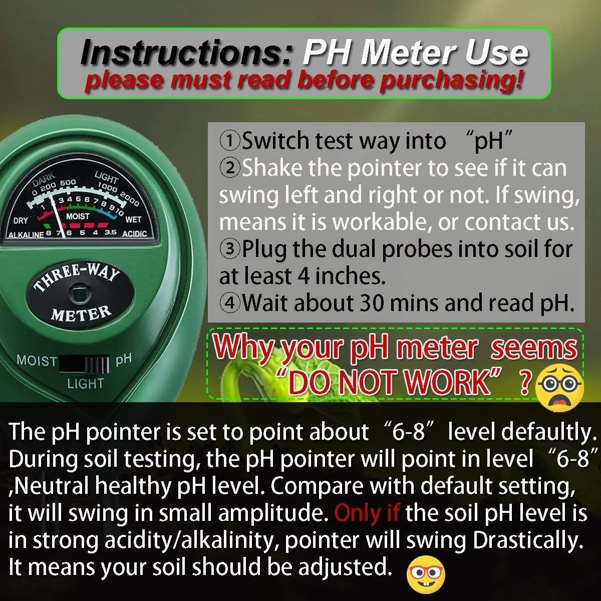 Three Way Soil Meter For Moisture, Light Intensity and pH Testing Meter - Image 4