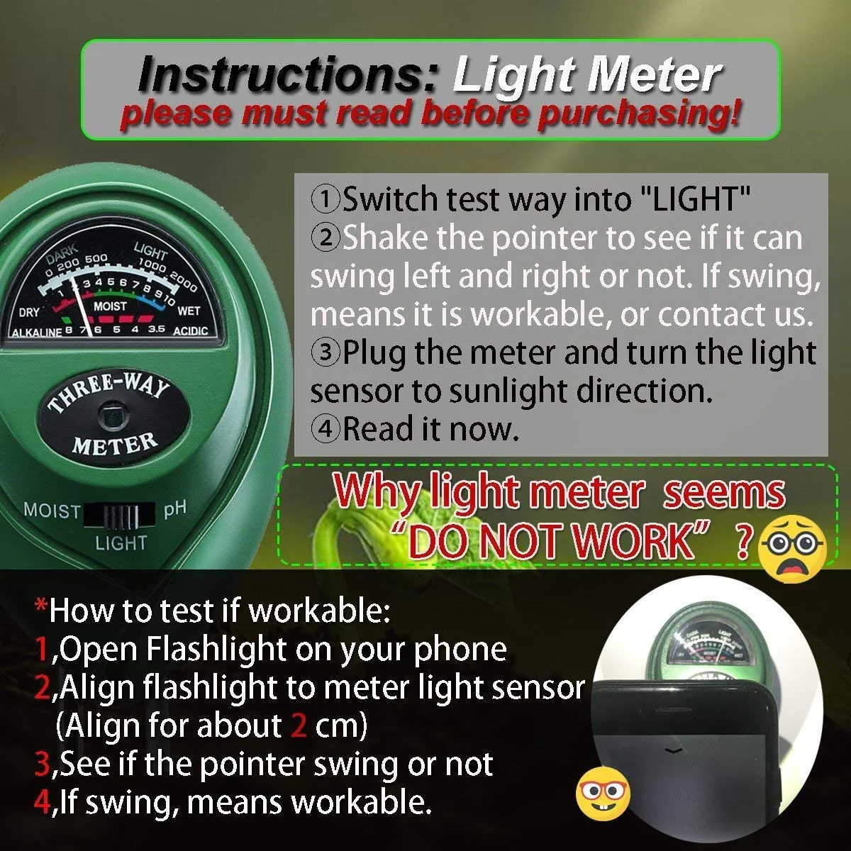Three Way Soil Meter For Moisture, Light Intensity and pH Testing Meter - Image 5