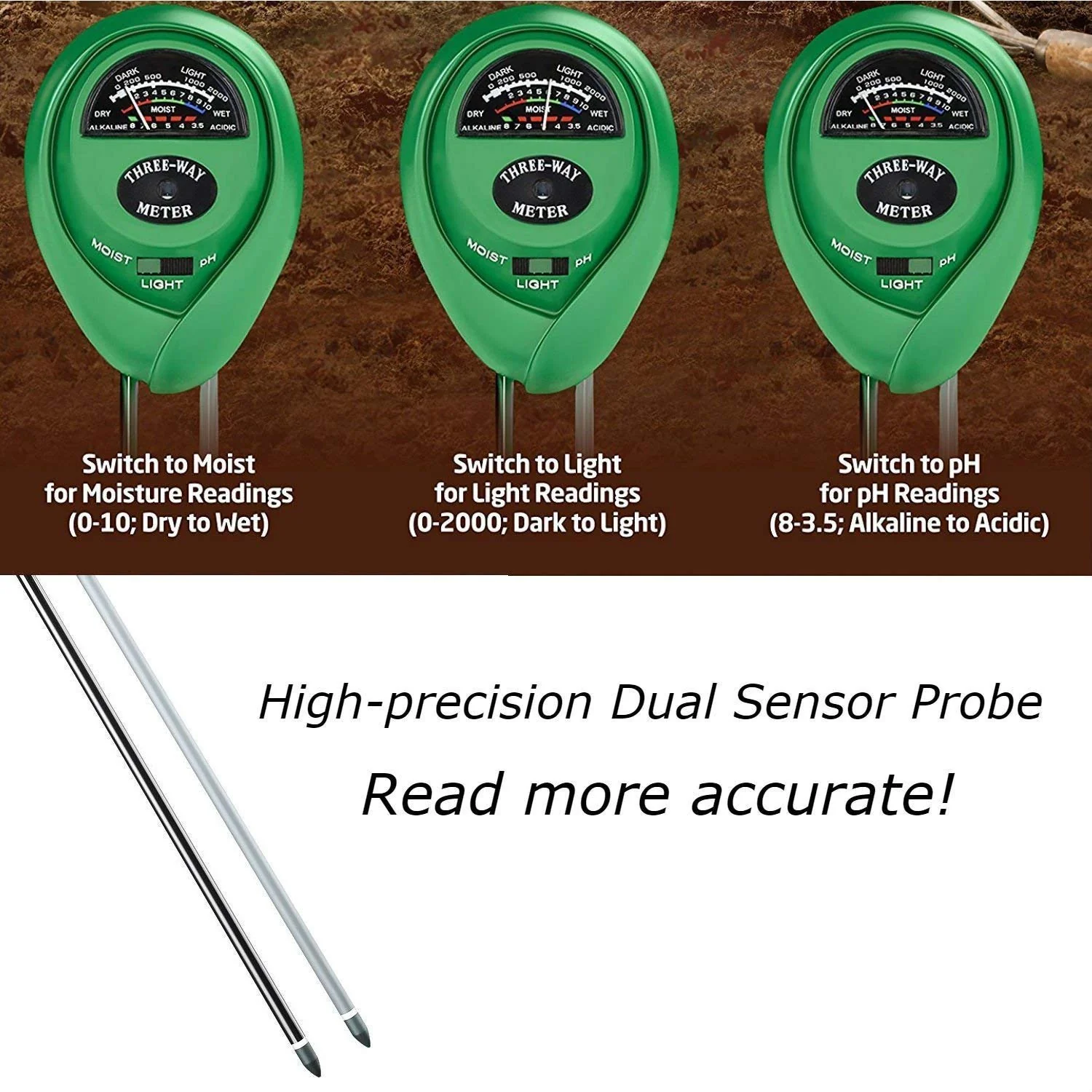 Three Way Soil Meter For Moisture, Light Intensity and pH Testing Meter - Image 7